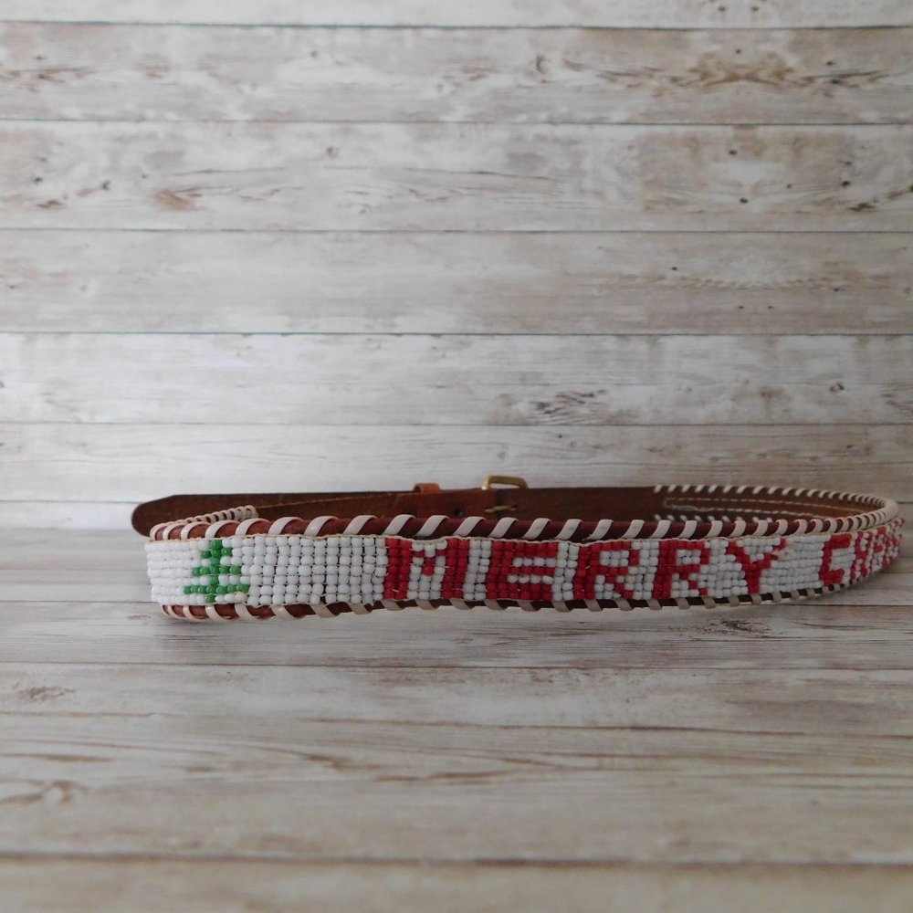 VINTAGE Southwestern Beaded Leather Belt - Merry Christmas - Picture 3 of 8